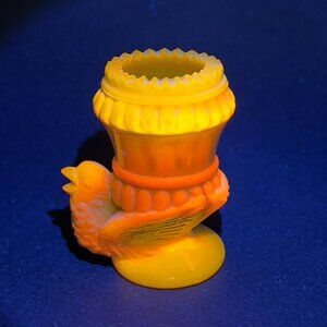 Vtg Degenhart Art Glass Bird Toothpick Holder Buttercup Yellow White Slag Glows